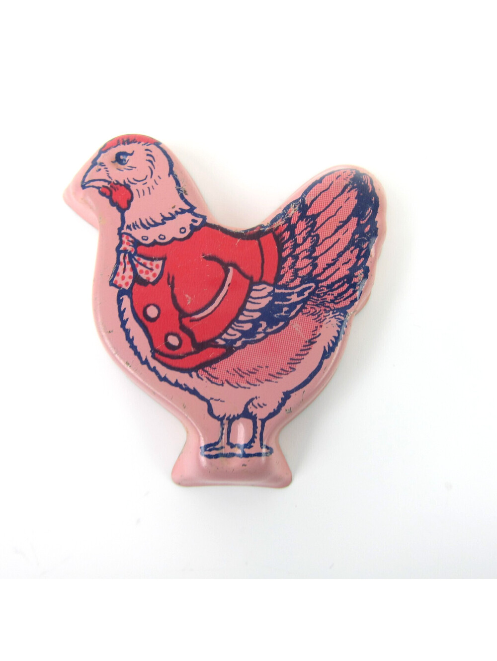 Vintage Tin Metal Litho Easter Chicken Hen Cookie Cutter Red Bow Pink Farmhouse